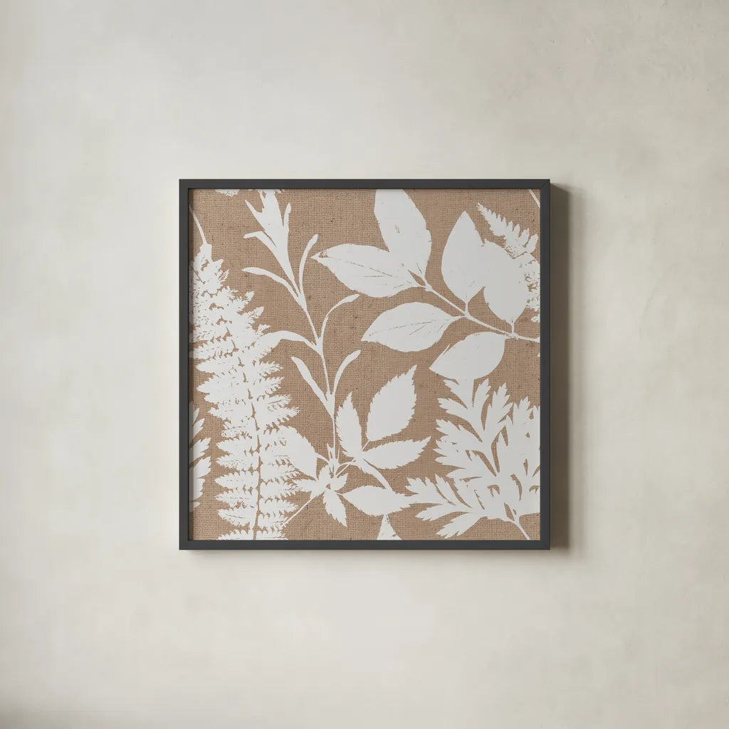 Leaves of Inspiration Neutral Pattern II by Studio Mousseau. Shown in a sleek black glass frame for a contemporary gallery look. Available as an archival giclee rolled canvas, fine art paper, or poster print. SKU 77410a.