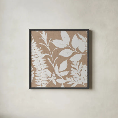 Leaves of Inspiration Neutral Pattern II by Studio Mousseau. Shown in a sleek black glass frame for a contemporary gallery look. Available as an archival giclee rolled canvas, fine art paper, or poster print. SKU 77410a.