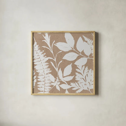 Leaves of Inspiration Neutral Pattern II by Studio Mousseau. Shown in a natural wood glass frame for a timeless modern aesthetic. Available as an archival giclee rolled canvas, fine art paper, or poster print. SKU 77410a.