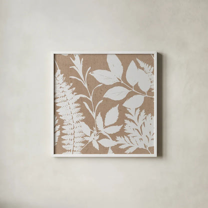 Leaves of Inspiration Neutral Pattern II by Studio Mousseau. Shown in a crisp white glass frame for a clean and minimalist style. Available as an archival giclee rolled canvas, fine art paper, or poster print. SKU 77410a.