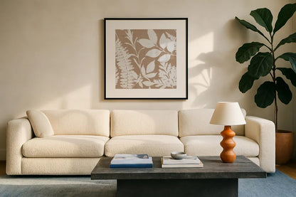 Leaves of Inspiration Neutral Pattern II by Studio Mousseau. Displayed in a glass frame with matte in a clean modern living room. Available as an archival giclee rolled canvas, fine art paper, or poster print. SKU 77410a.