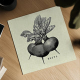 Linen Vegetable BW Sketch Beets by Studio Mousseau. Shown as a detailed flat fine art print, highlighting archival giclee quality. Available as an archival giclee rolled canvas, fine art paper, or poster print. SKU 30526a.