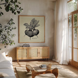 Linen Vegetable BW Sketch Beets by Studio Mousseau. Shown in a natural wood frame in a cozy modern living room. Available as an archival giclee rolled canvas, fine art paper, or poster print. SKU 30526a.