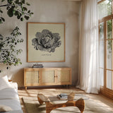 Linen Vegetable BW Sketch Lettuce by Studio Mousseau. Shown in a natural wood frame in a cozy modern living room. Available as an archival giclee rolled canvas, fine art paper, or poster print. SKU 30527a.