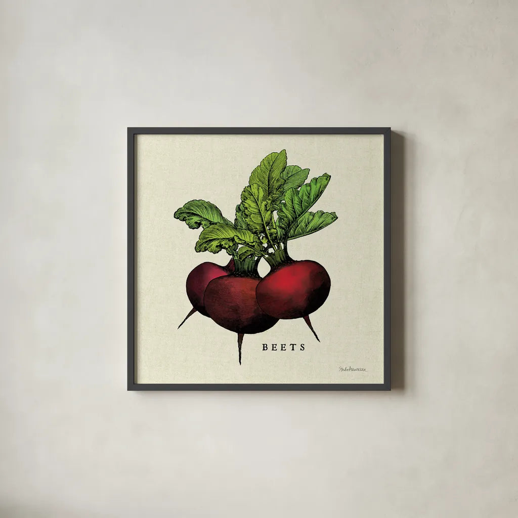 Linen Vegetable I v2 by Studio Mousseau. Shown in a sleek black glass frame for a contemporary gallery look. Available as an archival giclee rolled canvas, fine art paper, or poster print. SKU 39373a.
