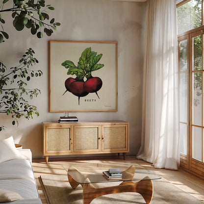Linen Vegetable I v2 by Studio Mousseau. Shown in a natural wood frame in a cozy modern living room. Available as an archival giclee rolled canvas, fine art paper, or poster print. SKU 39373a.
