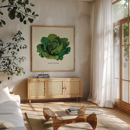 Linen Vegetable II v2 by Studio Mousseau. Shown in a natural wood frame in a cozy modern living room. Available as an archival giclee rolled canvas, fine art paper, or poster print. SKU 39374a.