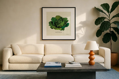 Linen Vegetable II v2 by Studio Mousseau. Displayed in a glass frame with matte in a clean modern living room. Available as an archival giclee rolled canvas, fine art paper, or poster print. SKU 39374a.