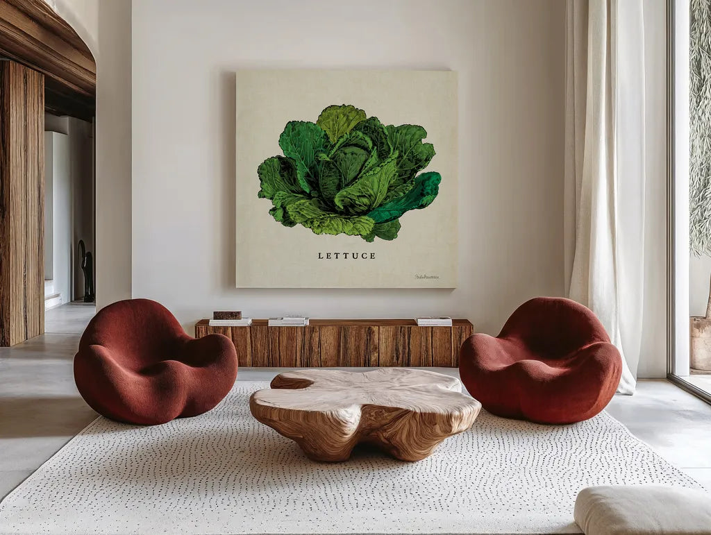 Linen Vegetable II v2 by Studio Mousseau. Shown as extra-large giant wall art in a modern living room. Available as an archival giclee rolled canvas, fine art paper, or poster print. SKU 39374a.
