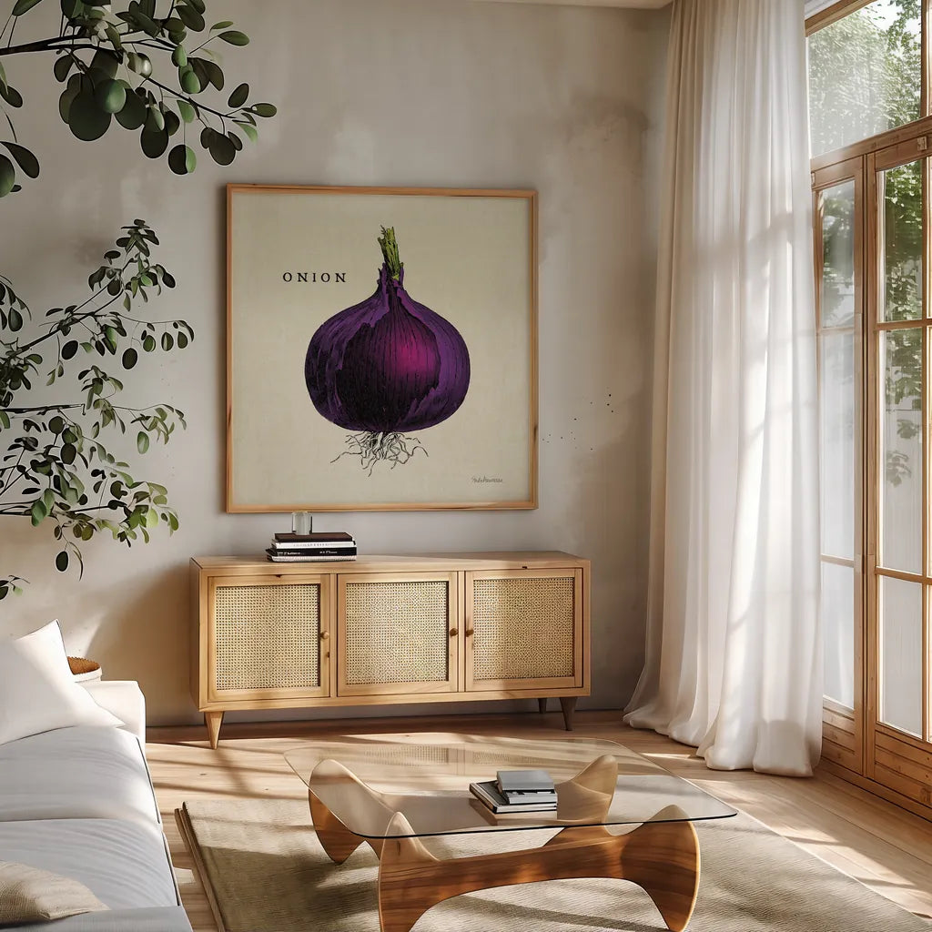 Linen Vegetable III v2 by Studio Mousseau. Shown in a natural wood frame in a cozy modern living room. Available as an archival giclee rolled canvas, fine art paper, or poster print. SKU 39375a.