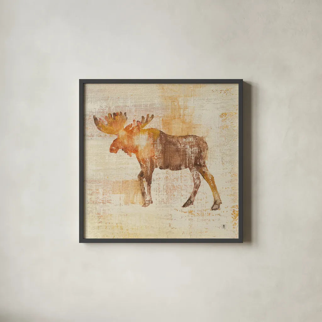 Moose Study by Studio Mousseau. Shown in a sleek black glass frame for a contemporary gallery look. Available as an archival giclee rolled canvas, fine art paper, or poster print. SKU 32510a.