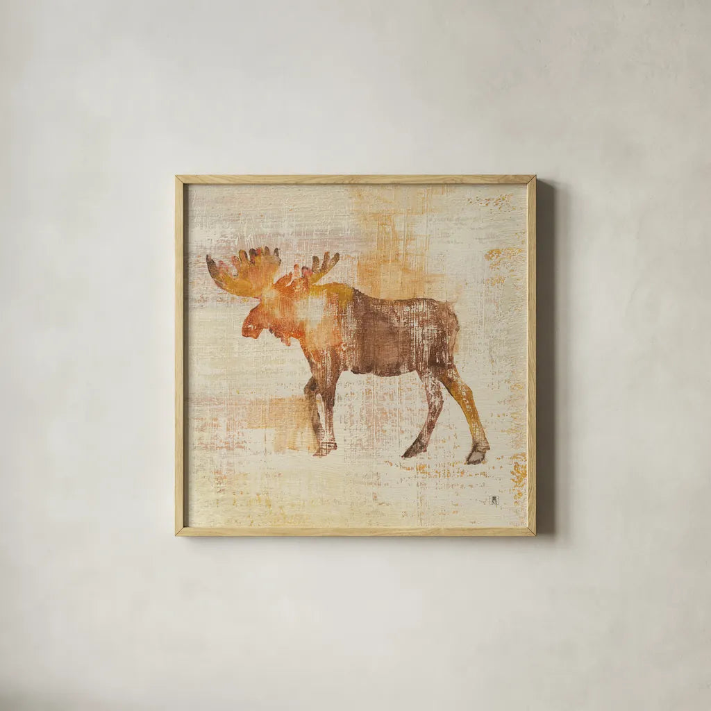 Moose Study by Studio Mousseau. Shown in a natural wood glass frame for a timeless modern aesthetic. Available as an archival giclee rolled canvas, fine art paper, or poster print. SKU 32510a.