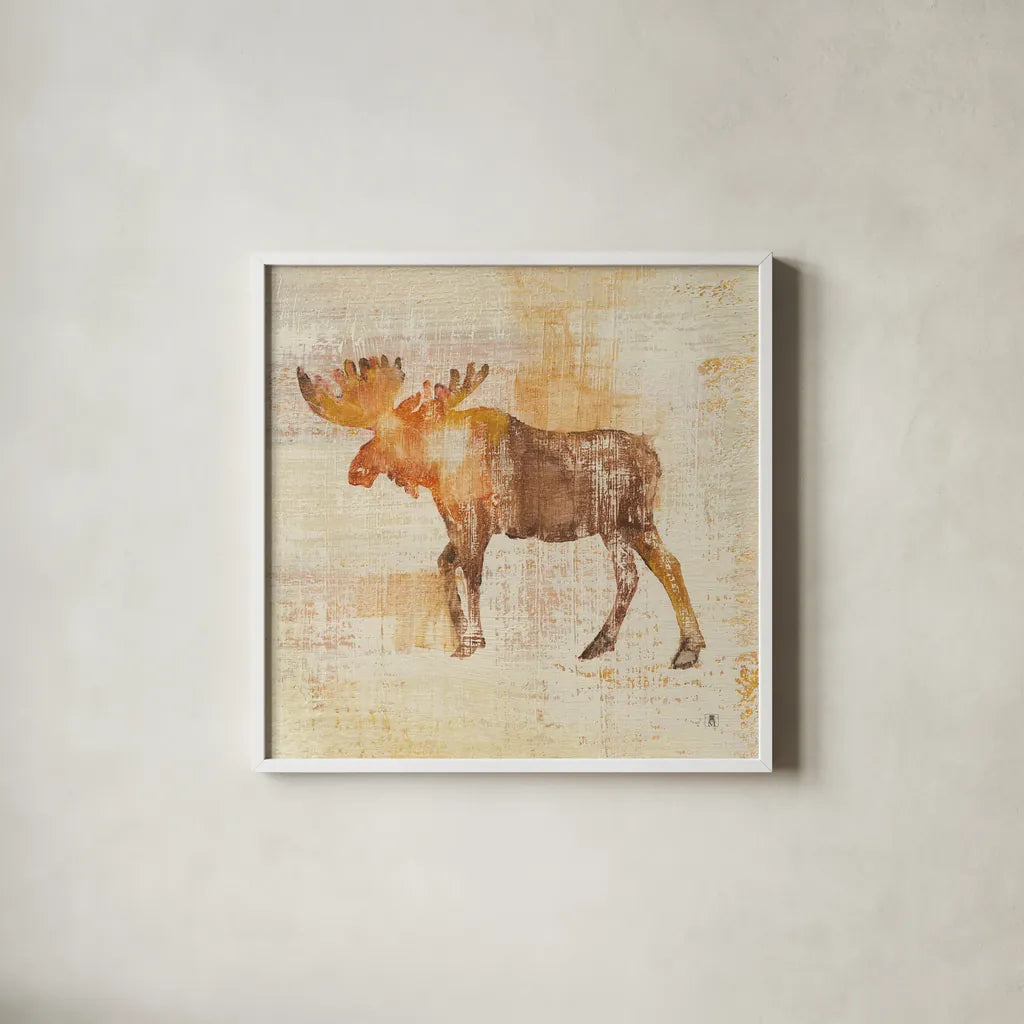 Moose Study by Studio Mousseau. Shown in a crisp white glass frame for a clean and minimalist style. Available as an archival giclee rolled canvas, fine art paper, or poster print. SKU 32510a.