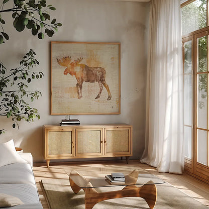 Moose Study by Studio Mousseau. Shown in a natural wood frame in a cozy modern living room. Available as an archival giclee rolled canvas, fine art paper, or poster print. SKU 32510a.