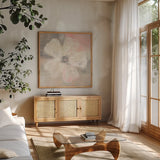 Nimbus Bloom II by Studio Mousseau. Shown in a natural wood frame in a cozy modern living room. Available as an archival giclee rolled canvas, fine art paper, or poster print. SKU 35882a.