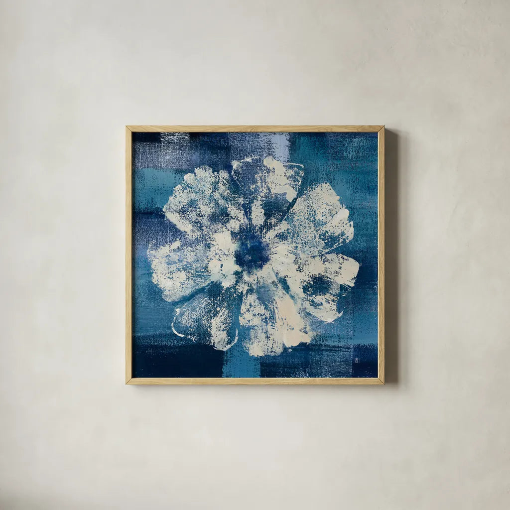 Ocean Bloom I by Studio Mousseau. Shown in a natural wood glass frame for a timeless modern aesthetic. Available as an archival giclee rolled canvas, fine art paper, or poster print. SKU 35883a.