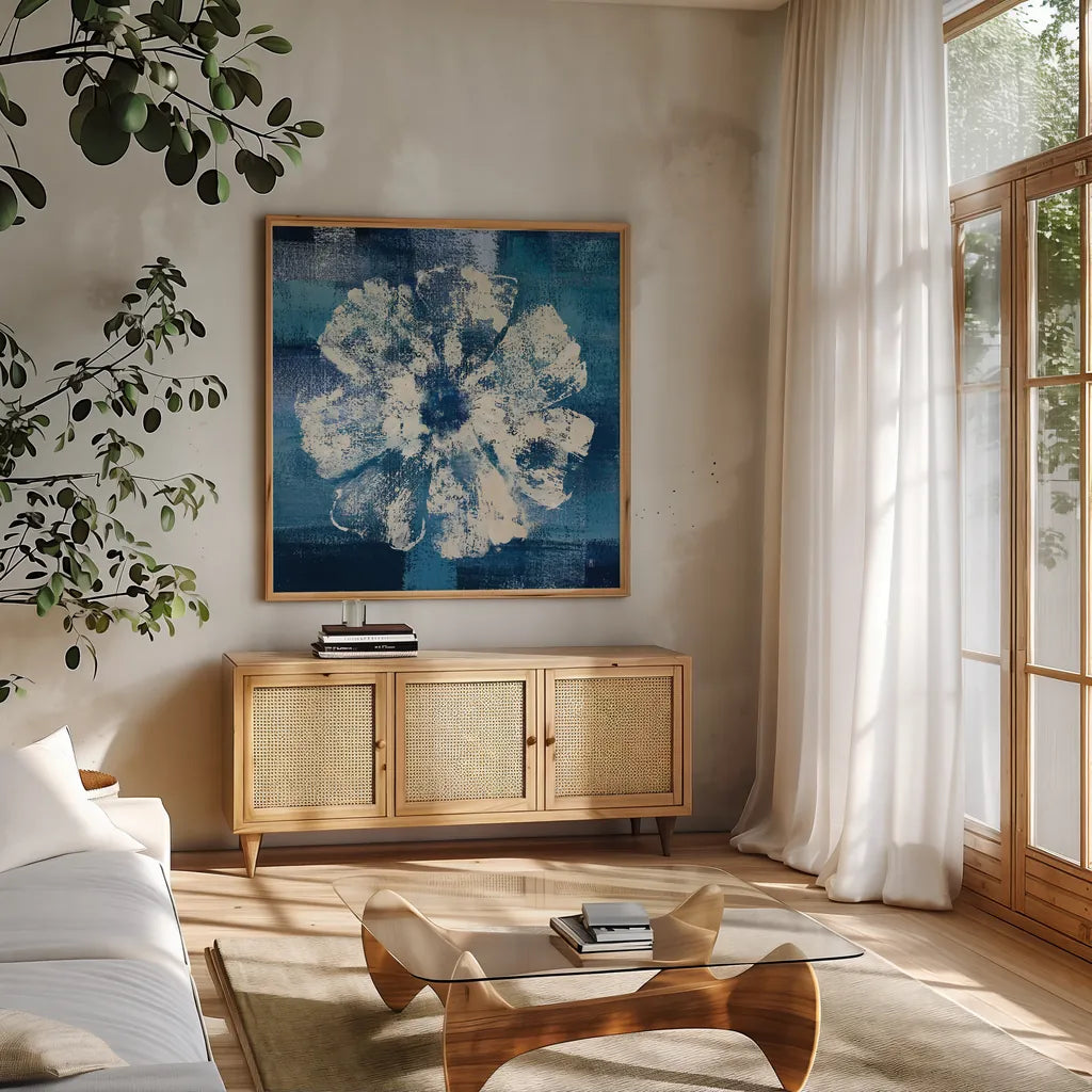 Ocean Bloom I by Studio Mousseau. Shown in a natural wood frame in a cozy modern living room. Available as an archival giclee rolled canvas, fine art paper, or poster print. SKU 35883a.