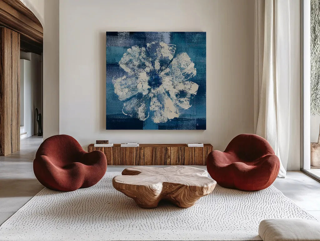 Ocean Bloom I by Studio Mousseau. Shown as extra-large giant wall art in a modern living room. Available as an archival giclee rolled canvas, fine art paper, or poster print. SKU 35883a.