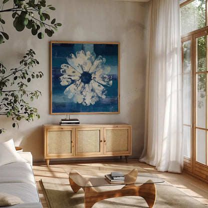 Ocean Bloom II by Studio Mousseau. Shown in a natural wood frame in a cozy modern living room. Available as an archival giclee rolled canvas, fine art paper, or poster print. SKU 35884a.