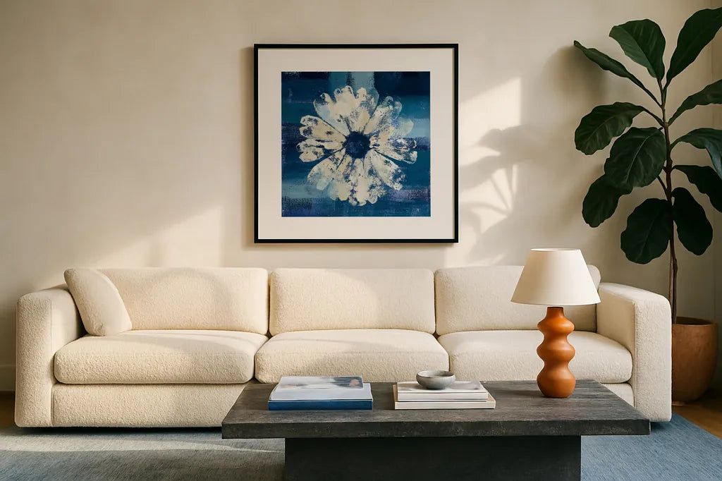 Ocean Bloom II by Studio Mousseau. Displayed in a glass frame with matte in a clean modern living room. Available as an archival giclee rolled canvas, fine art paper, or poster print. SKU 35884a.