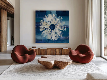 Ocean Bloom II by Studio Mousseau. Shown as extra-large giant wall art in a modern living room. Available as an archival giclee rolled canvas, fine art paper, or poster print. SKU 35884a.