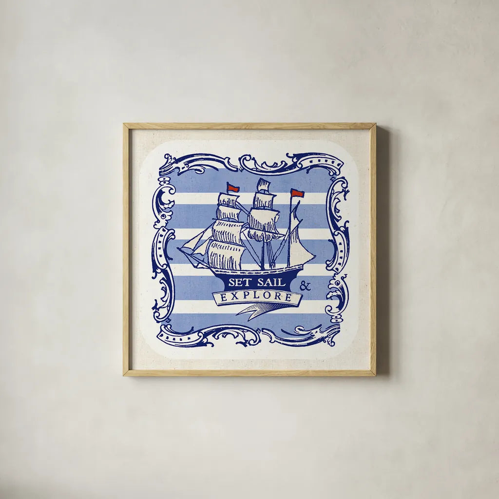 On the Coast Border II by Studio Mousseau. Shown in a natural wood glass frame for a timeless modern aesthetic. Available as an archival giclee rolled canvas, fine art paper, or poster print. SKU 25493a.