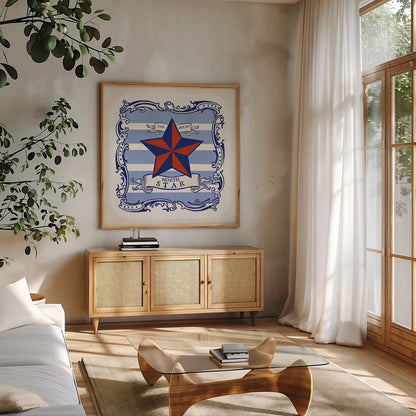 On the Coast Border IV by Studio Mousseau. Shown in a natural wood frame in a cozy modern living room. Available as an archival giclee rolled canvas, fine art paper, or poster print. SKU 25495a.