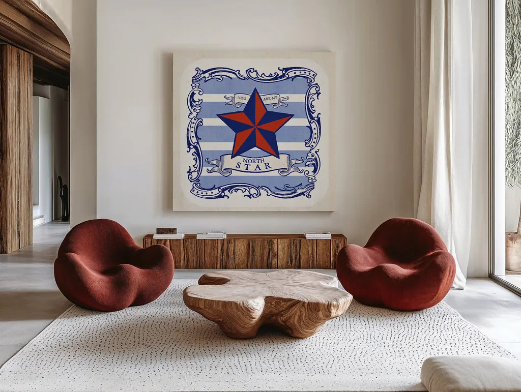 On the Coast Border IV by Studio Mousseau. Shown as extra-large giant wall art in a modern living room. Available as an archival giclee rolled canvas, fine art paper, or poster print. SKU 25495a.