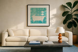 Pacific Bath I by Studio Mousseau. Displayed in a glass frame with matte in a clean modern living room. Available as an archival giclee rolled canvas, fine art paper, or poster print. SKU 27198a.