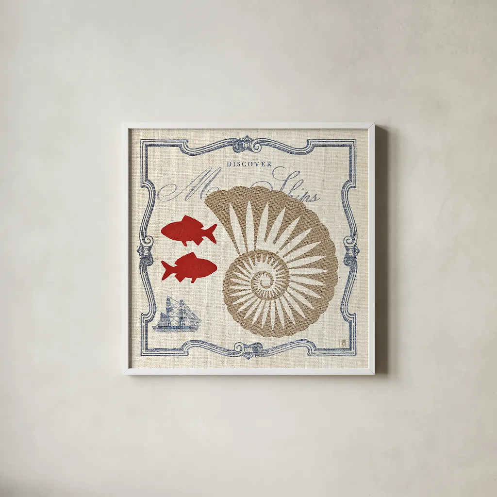 Pacific Nautilus by Studio Mousseau. Shown in a crisp white glass frame for a clean and minimalist style. Available as an archival giclee rolled canvas, fine art paper, or poster print. SKU 12658a.