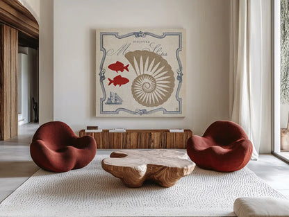 Pacific Nautilus by Studio Mousseau. Shown as extra-large giant wall art in a modern living room. Available as an archival giclee rolled canvas, fine art paper, or poster print. SKU 12658a.