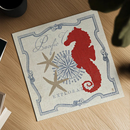 Pacific Seahorse by Studio Mousseau. Shown as a detailed flat fine art print, highlighting archival giclee quality. Available as an archival giclee rolled canvas, fine art paper, or poster print. SKU 12660a.