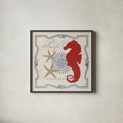 Pacific Seahorse by Studio Mousseau. Shown in a sleek black glass frame for a contemporary gallery look. Available as an archival giclee rolled canvas, fine art paper, or poster print. SKU 12660a.