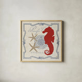 Pacific Seahorse by Studio Mousseau. Shown in a natural wood glass frame for a timeless modern aesthetic. Available as an archival giclee rolled canvas, fine art paper, or poster print. SKU 12660a.