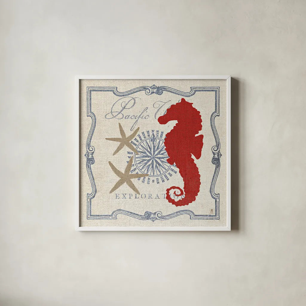 Pacific Seahorse by Studio Mousseau. Shown in a crisp white glass frame for a clean and minimalist style. Available as an archival giclee rolled canvas, fine art paper, or poster print. SKU 12660a.