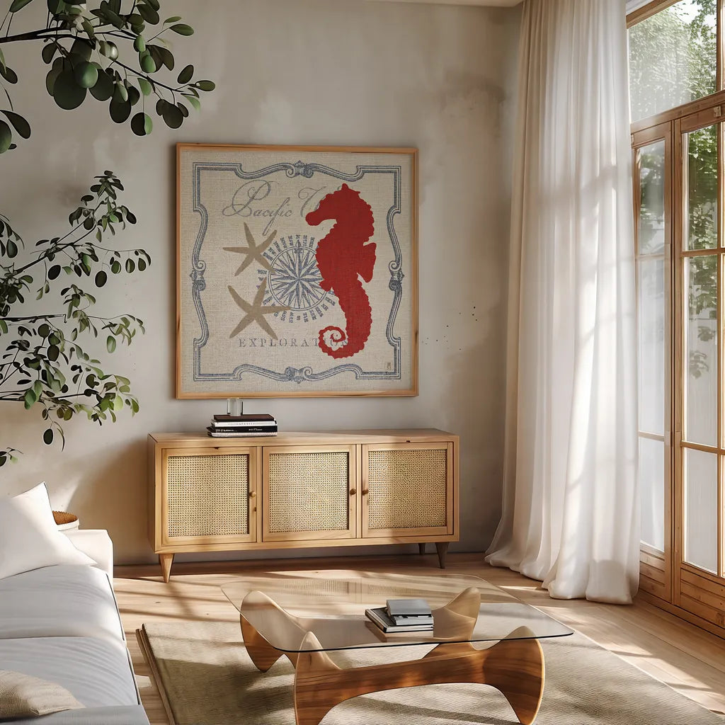 Pacific Seahorse by Studio Mousseau. Shown in a natural wood frame in a cozy modern living room. Available as an archival giclee rolled canvas, fine art paper, or poster print. SKU 12660a.