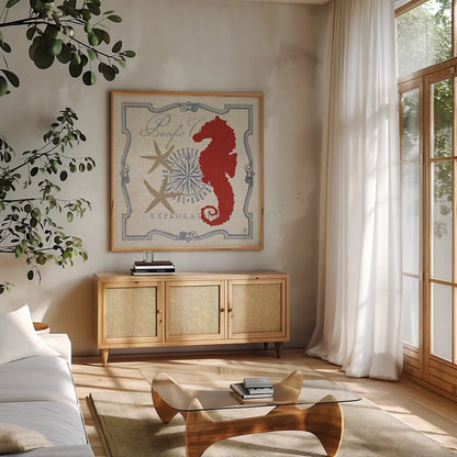 Pacific Seahorse by Studio Mousseau. Shown in a natural wood frame in a cozy modern living room. Available as an archival giclee rolled canvas, fine art paper, or poster print. SKU 12660a.