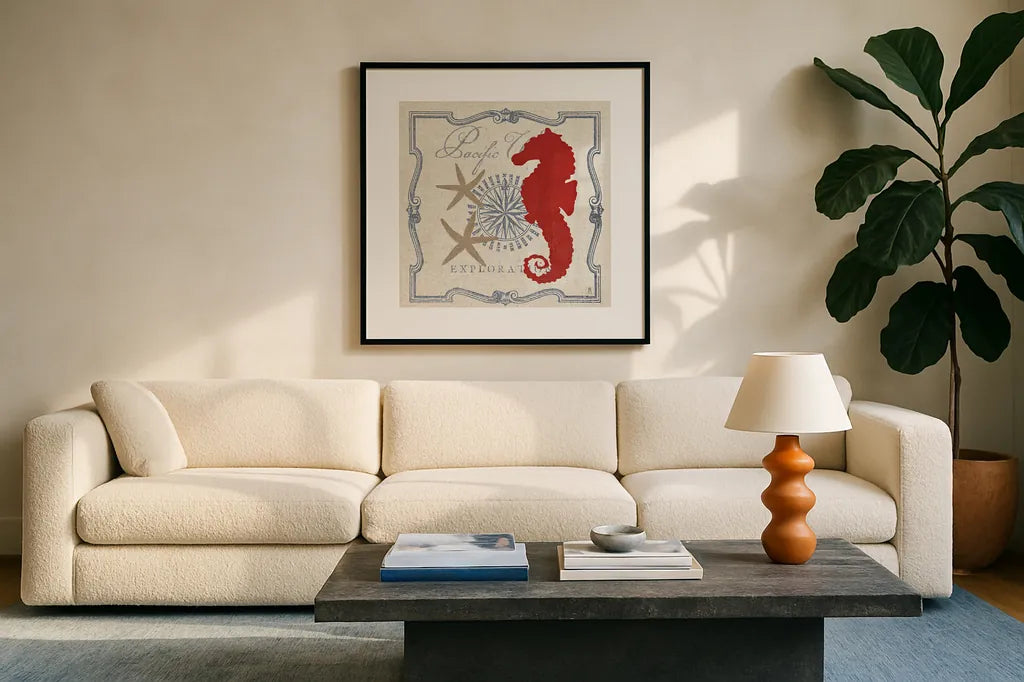 Pacific Seahorse by Studio Mousseau. Displayed in a glass frame with matte in a clean modern living room. Available as an archival giclee rolled canvas, fine art paper, or poster print. SKU 12660a.