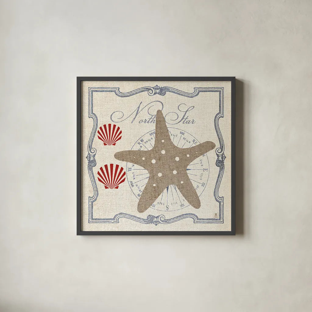 Pacific Starfish by Studio Mousseau. Shown in a sleek black glass frame for a contemporary gallery look. Available as an archival giclee rolled canvas, fine art paper, or poster print. SKU 12661a.