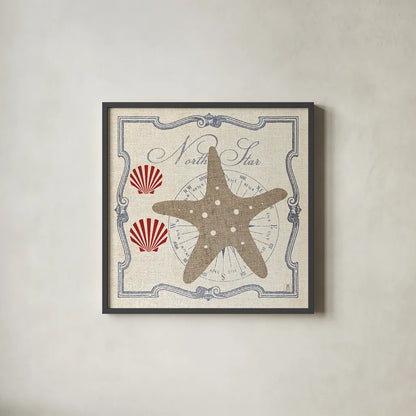 Pacific Starfish by Studio Mousseau. Shown in a sleek black glass frame for a contemporary gallery look. Available as an archival giclee rolled canvas, fine art paper, or poster print. SKU 12661a.