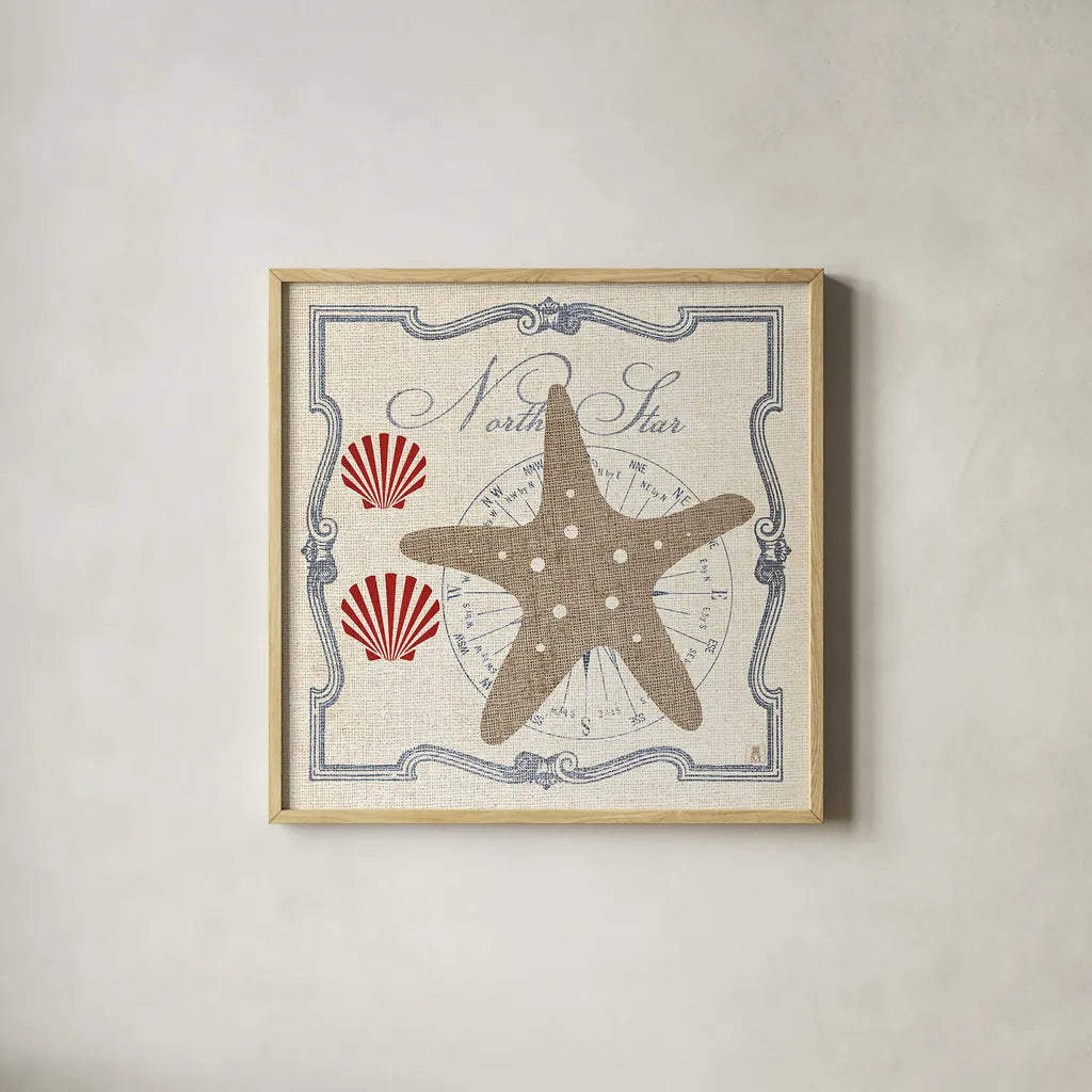 Pacific Starfish by Studio Mousseau. Shown in a natural wood glass frame for a timeless modern aesthetic. Available as an archival giclee rolled canvas, fine art paper, or poster print. SKU 12661a.