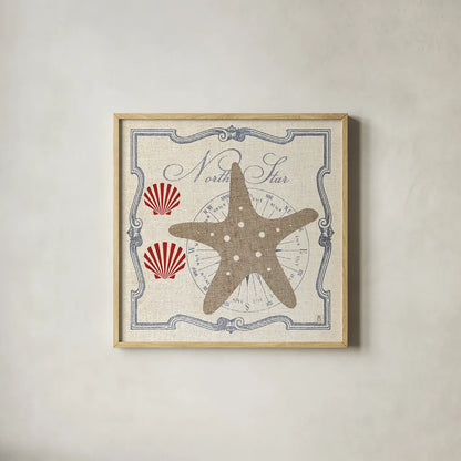 Pacific Starfish by Studio Mousseau. Shown in a natural wood glass frame for a timeless modern aesthetic. Available as an archival giclee rolled canvas, fine art paper, or poster print. SKU 12661a.