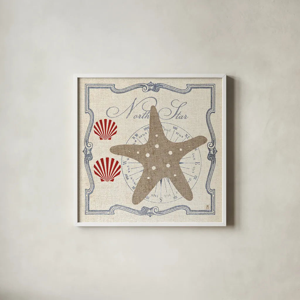 Pacific Starfish by Studio Mousseau. Shown in a crisp white glass frame for a clean and minimalist style. Available as an archival giclee rolled canvas, fine art paper, or poster print. SKU 12661a.