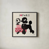 Paris Pooch by Studio Mousseau. Shown in a sleek black glass frame for a contemporary gallery look. Available as an archival giclee rolled canvas, fine art paper, or poster print. SKU 11945a.