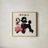 Paris Pooch by Studio Mousseau. Shown in a natural wood glass frame for a timeless modern aesthetic. Available as an archival giclee rolled canvas, fine art paper, or poster print. SKU 11945a.