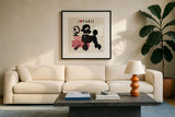 Paris Pooch by Studio Mousseau. Displayed in a glass frame with matte in a clean modern living room. Available as an archival giclee rolled canvas, fine art paper, or poster print. SKU 11945a.