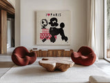 Paris Pooch by Studio Mousseau. Shown as extra-large giant wall art in a modern living room. Available as an archival giclee rolled canvas, fine art paper, or poster print. SKU 11945a.