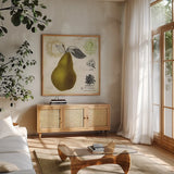 Pear Notes by Studio Mousseau. Shown in a natural wood frame in a cozy modern living room. Available as an archival giclee rolled canvas, fine art paper, or poster print. SKU 10742a.
