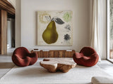 Pear Notes by Studio Mousseau. Shown as extra-large giant wall art in a modern living room. Available as an archival giclee rolled canvas, fine art paper, or poster print. SKU 10742a.