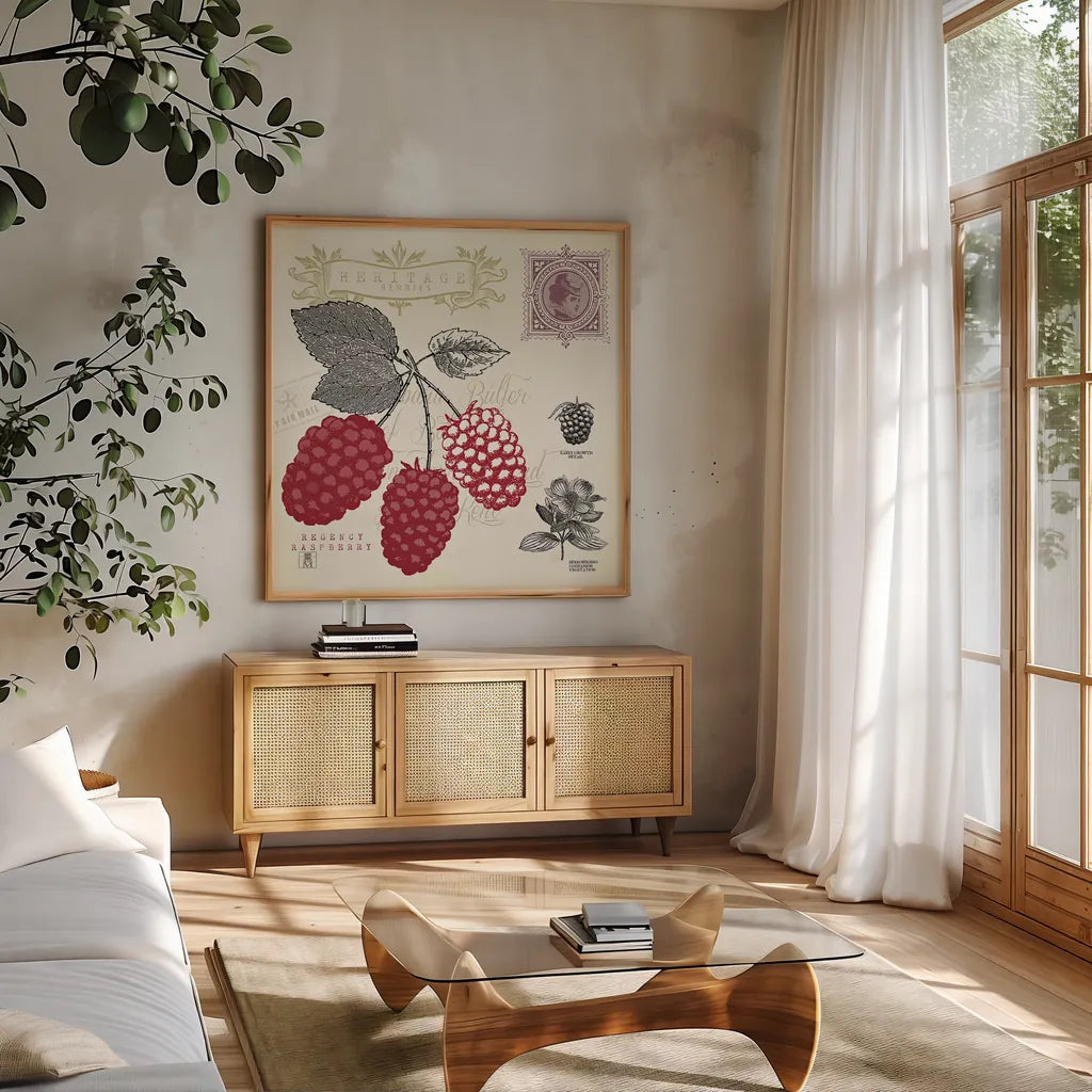 Raspberry Notes by Studio Mousseau. Shown in a natural wood frame in a cozy modern living room. Available as an archival giclee rolled canvas, fine art paper, or poster print. SKU 10743a.